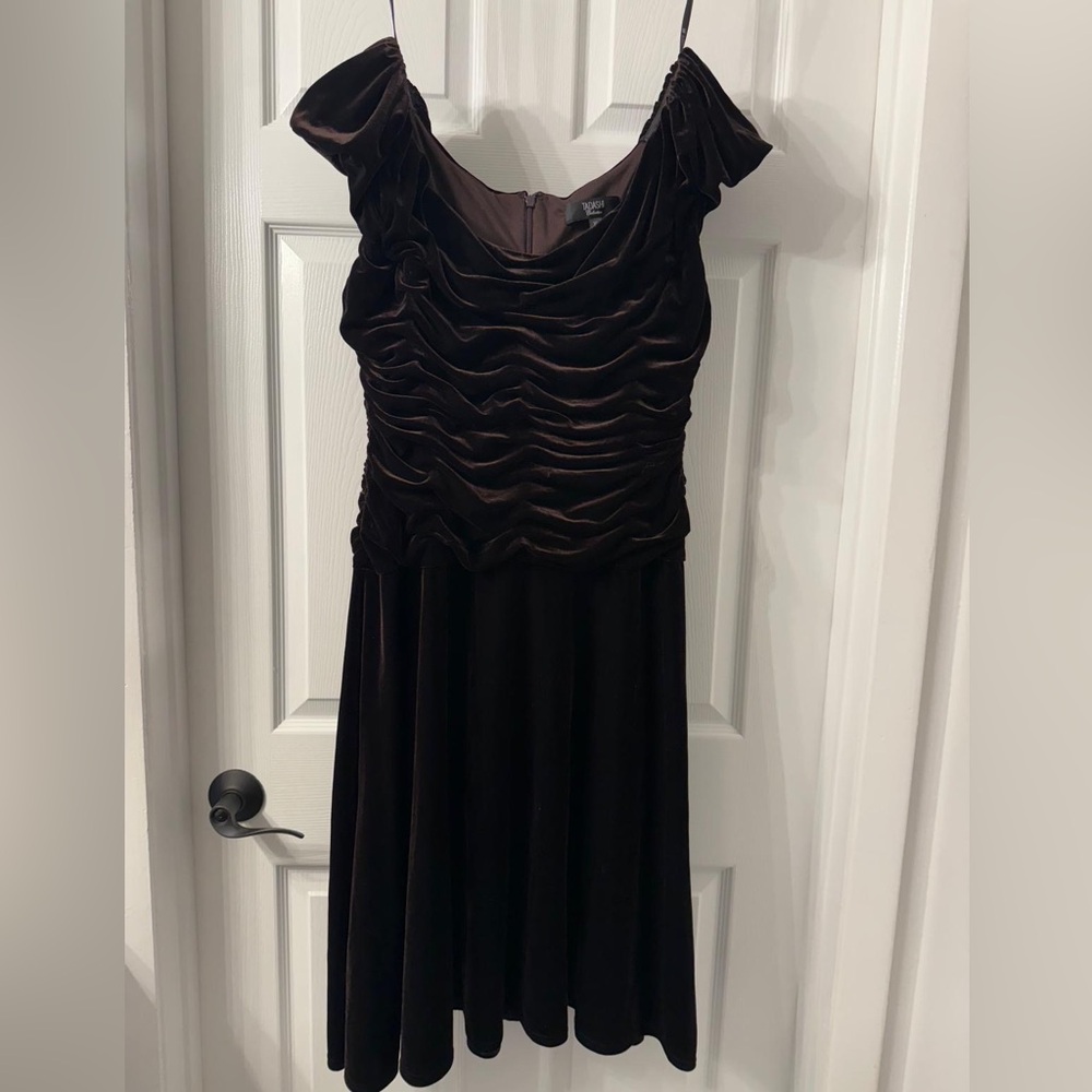 Vintage 90s Tadashi Collection‎ Brown Velvet Ruched Off-Shoulder Dress Gown XL